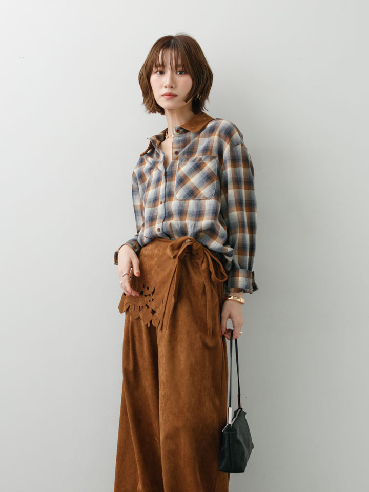 [SET]チェックオーバーシャツ+スウェードタッチカットワークワイドパンツ(2set)