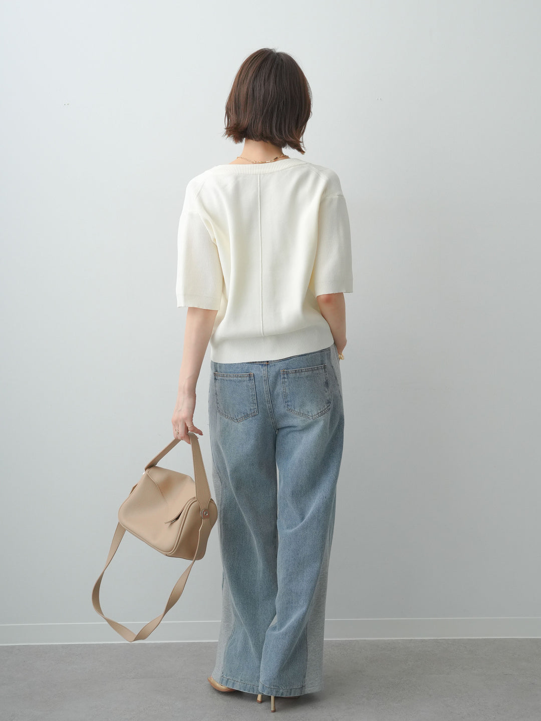[SET]ゴールドボタンハーフニットカーディガン+デニム切替スウェットパンツ(2set)
