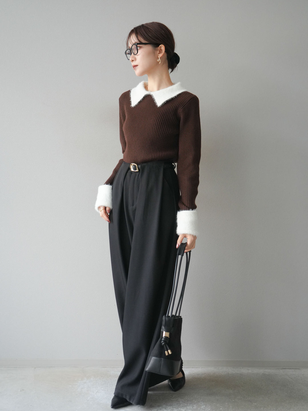 [SET]シャギー襟リブニットトップス+ベルトループデザインワイドパンツ(2set)