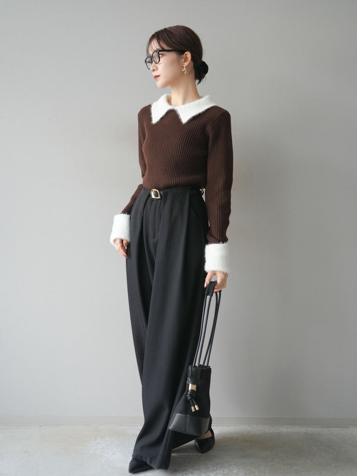 [SET]シャギー襟リブニットトップス+ベルトループデザインワイドパンツ(2set)