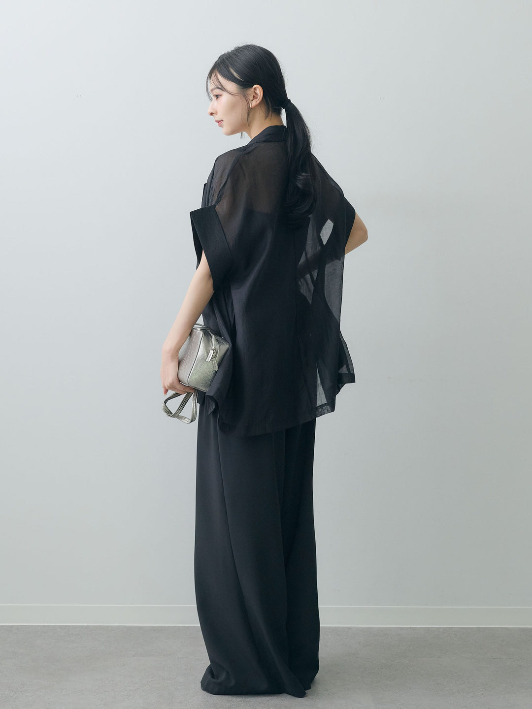 [SET]アシメサイドリボンベアトップス＆タックワイドストレートパンツSET UP(2SET)+シアーオーバー半袖ジャケット(2set)