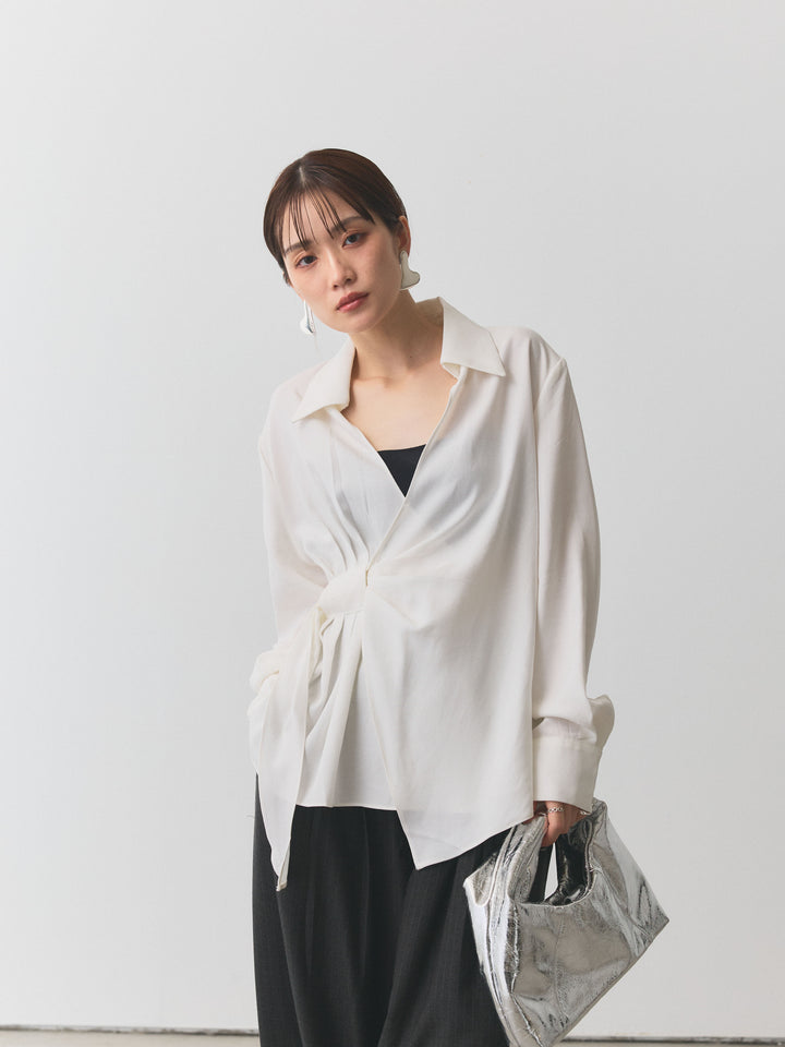 【Allure】[SET]ドレープデザインシャツ+ウールライクストライプワイドパンツ(2set)