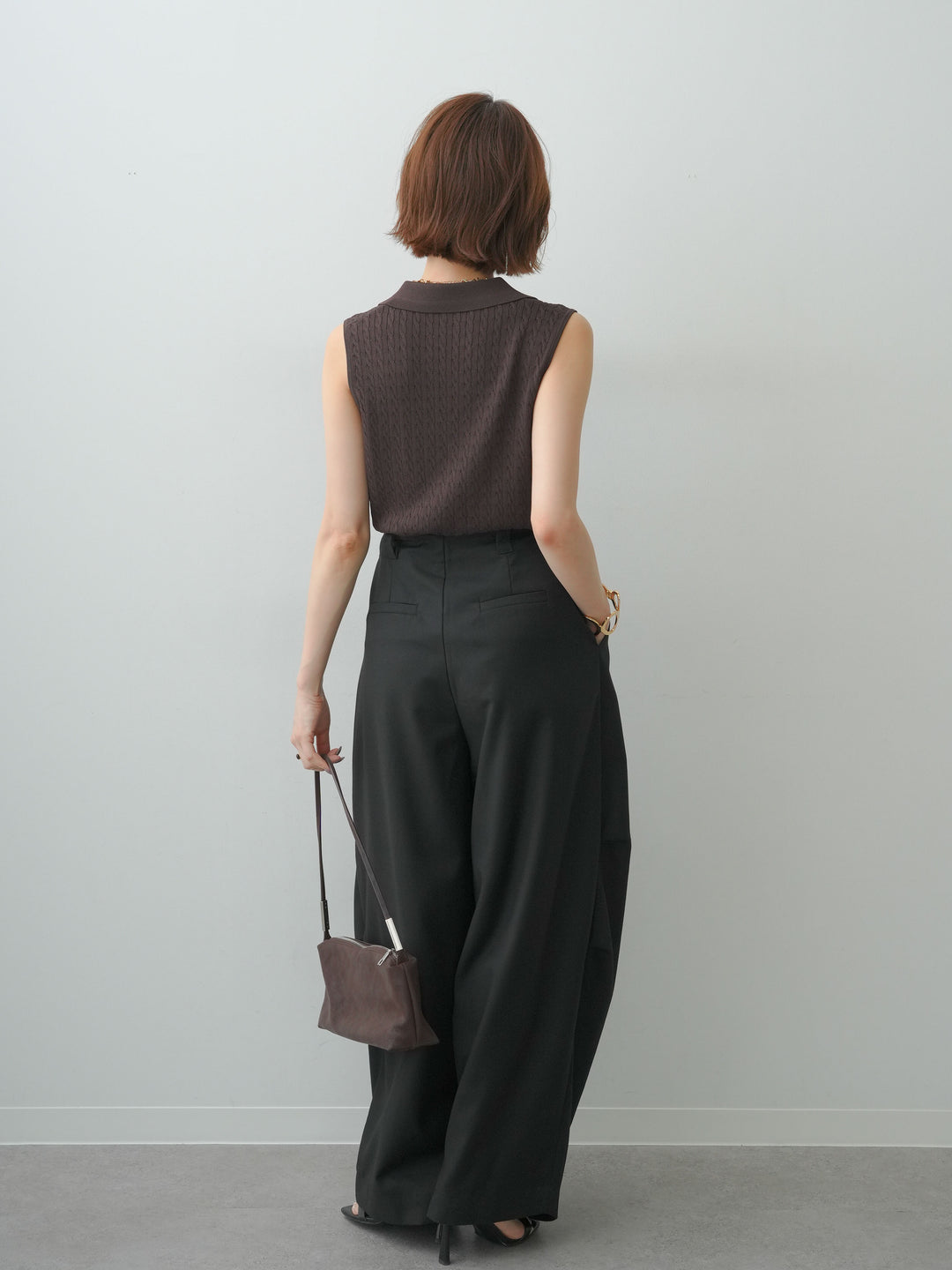 [SET]スキッパーケーブルポロニットトップス+ベルトループカーブタックワイドパンツ(2set)