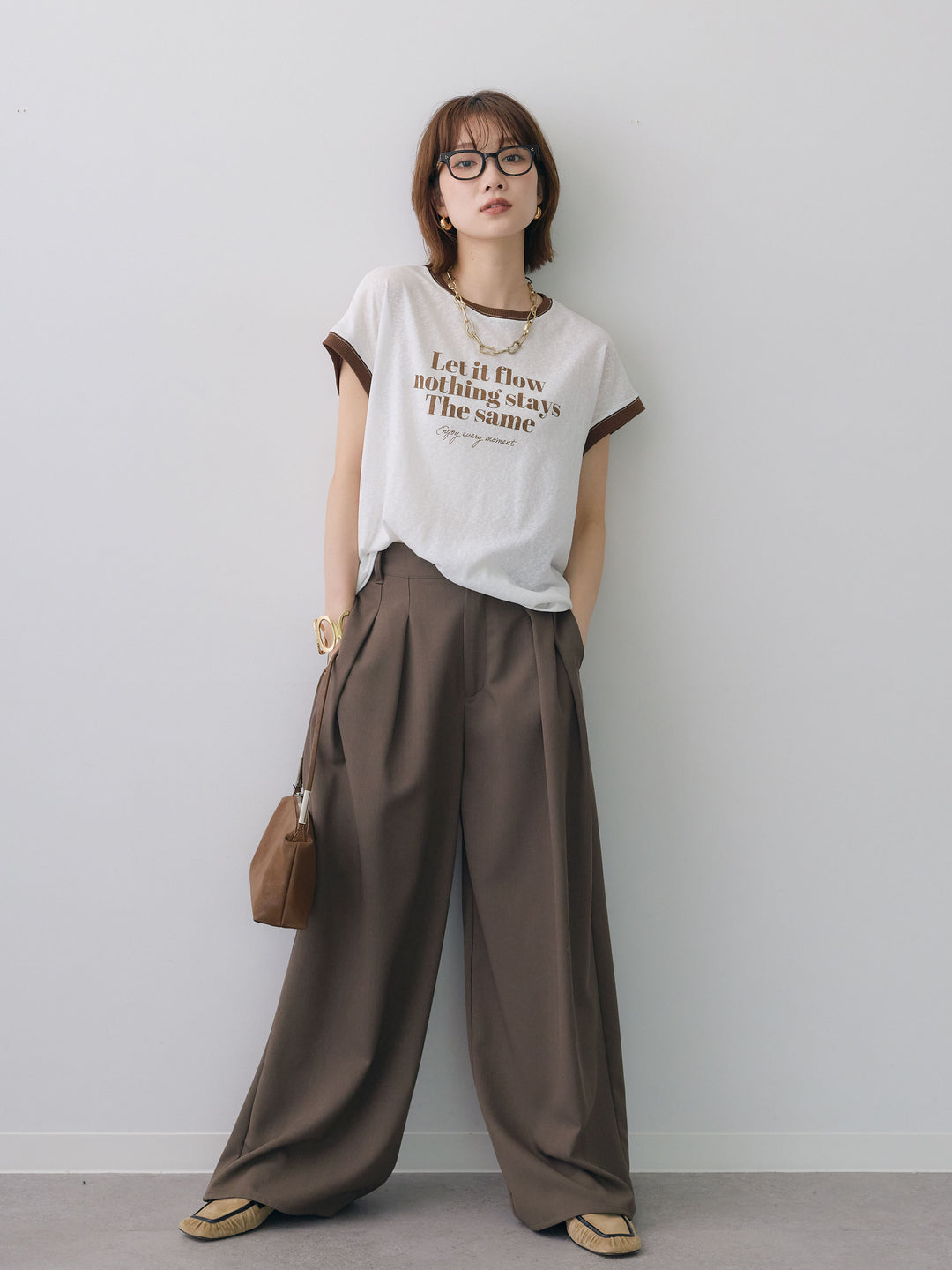 [SET]シアースラブバイカラーフレンチTEE+クレープデシンタックワイドパンツ(2set)