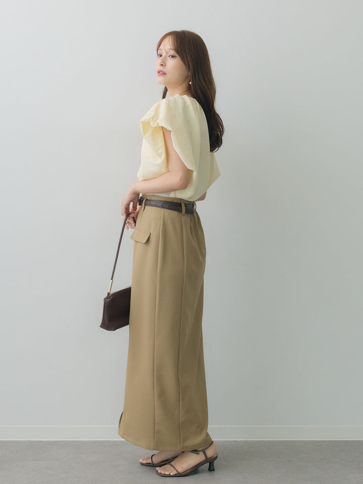 [SET]フレンチタックバルーンブラウス+クレープデシンフラップ付きストレートスカート(2set)