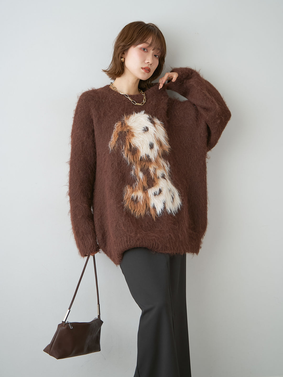 [予約]シャギードッグモチーフニットトップス/brown