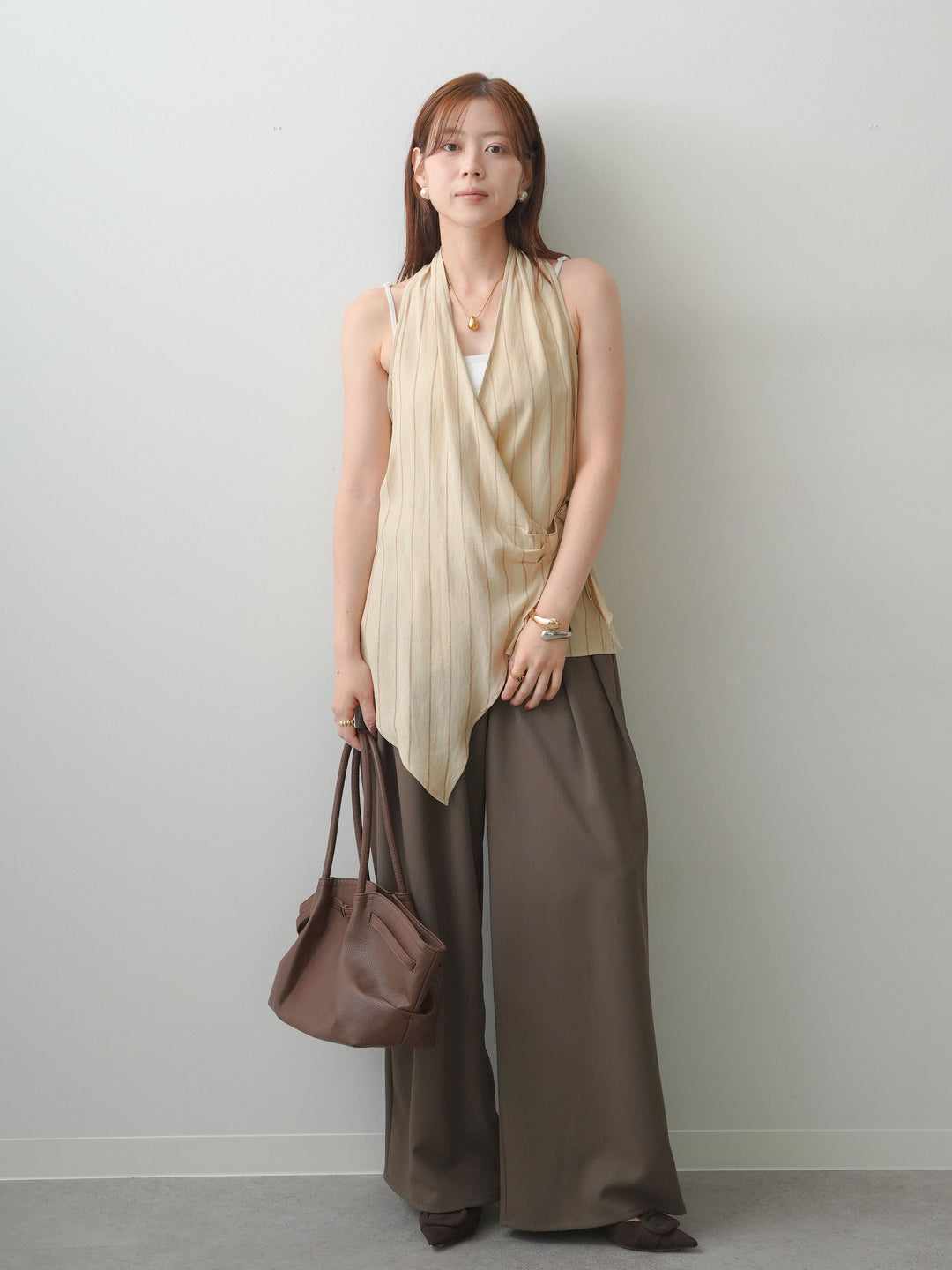 [SET]ストライプカシュクールジレ+クレープデシンタックワイドパンツ(2set)