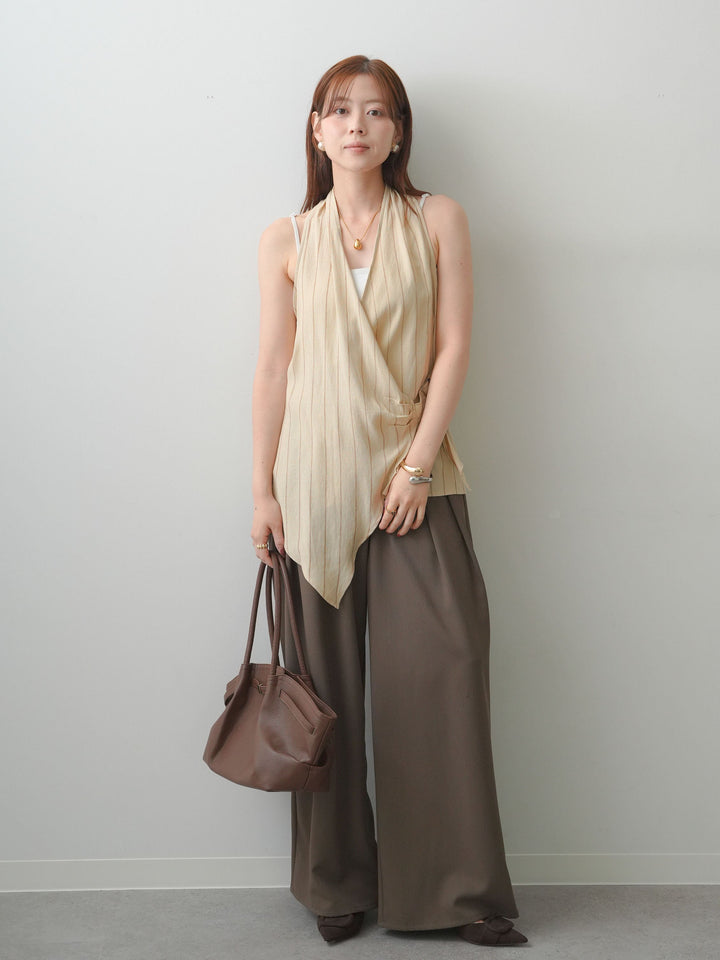 [SET]ストライプカシュクールジレ+クレープデシンタックワイドパンツ(2set)