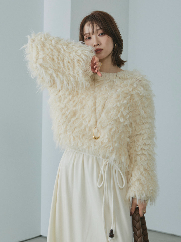 【Allure】[SET]ミックスシャギーループニットプルオーバー+ベロアナロースカート(2set)