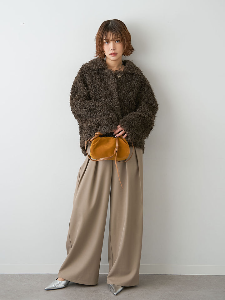 [SET]プードルファーショートジャケット+ツイルタックワイドパンツ(2set)