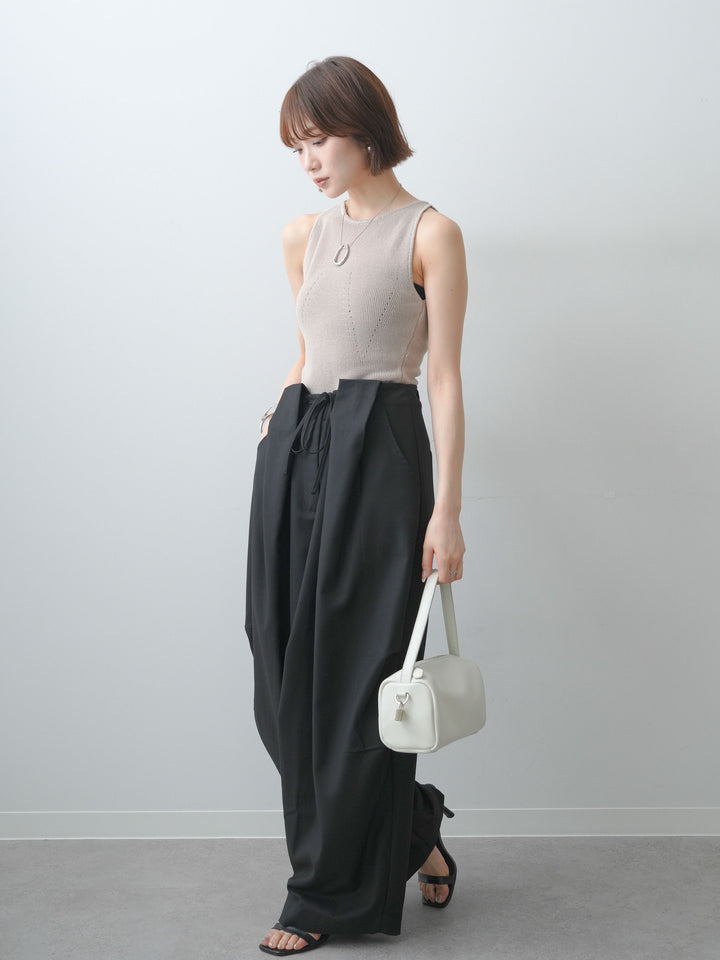 [SET]バックスリットニットタンクトップ+ベルトループカーブタックワイドパンツ(2set)