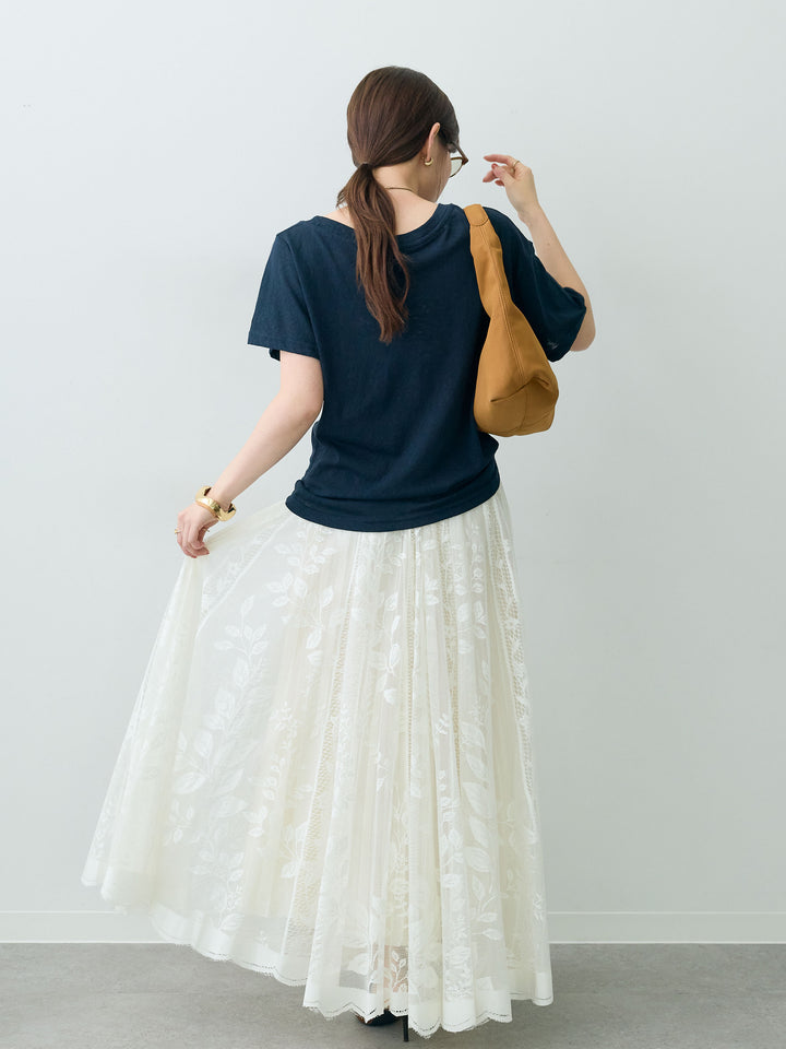 [SET]ワイドネックプリントTEE+ボタニカルパネルレースフレアスカート(2set)