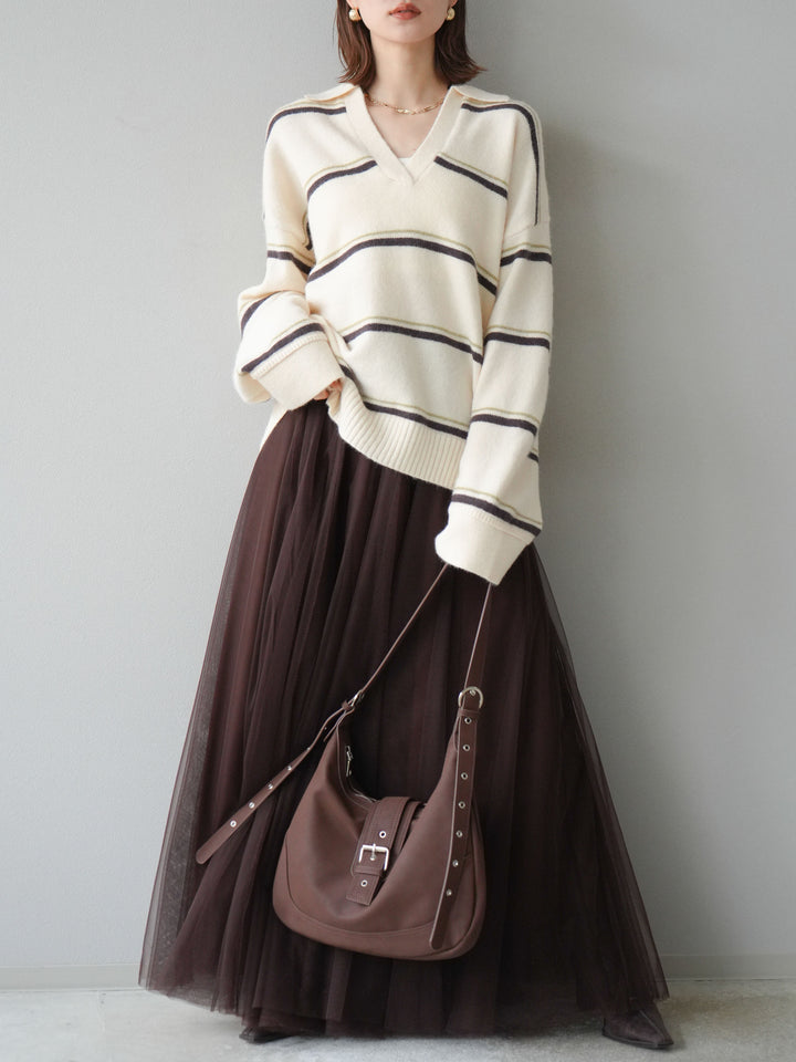 [SET]ポロ襟スキッパーボーダーニットプルオーバー+チュールボリュームスカート(2set)