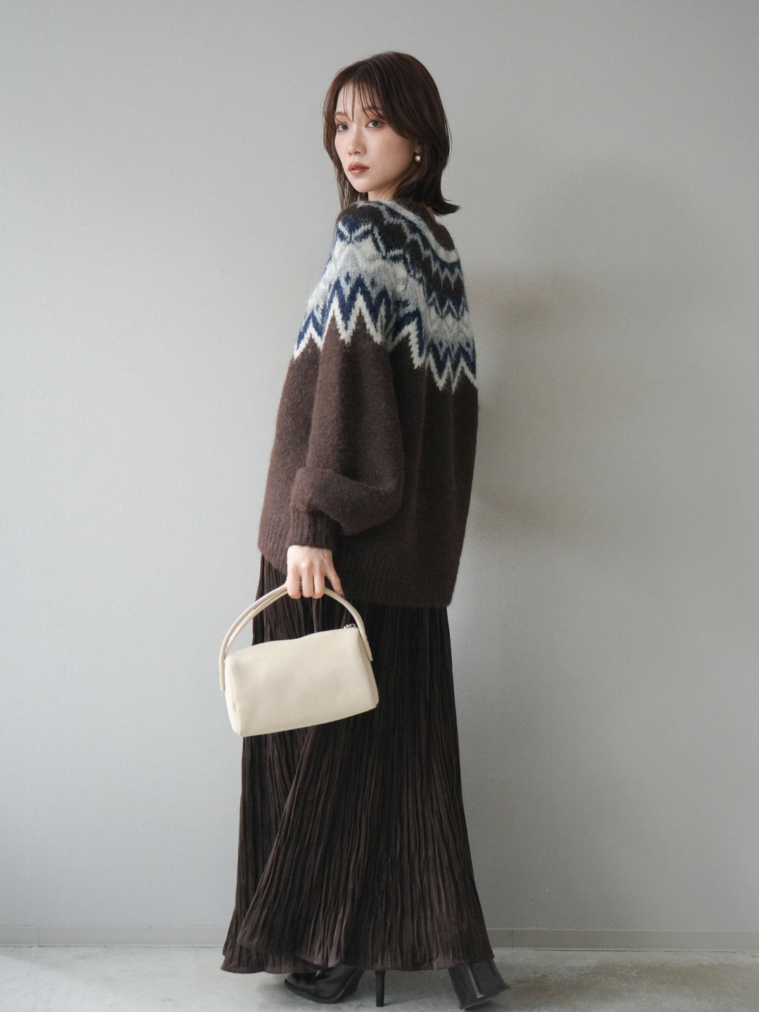 [SET]求心柄オーバーニットプルオーバー+スエードワッシャープリーツスカート(2set)