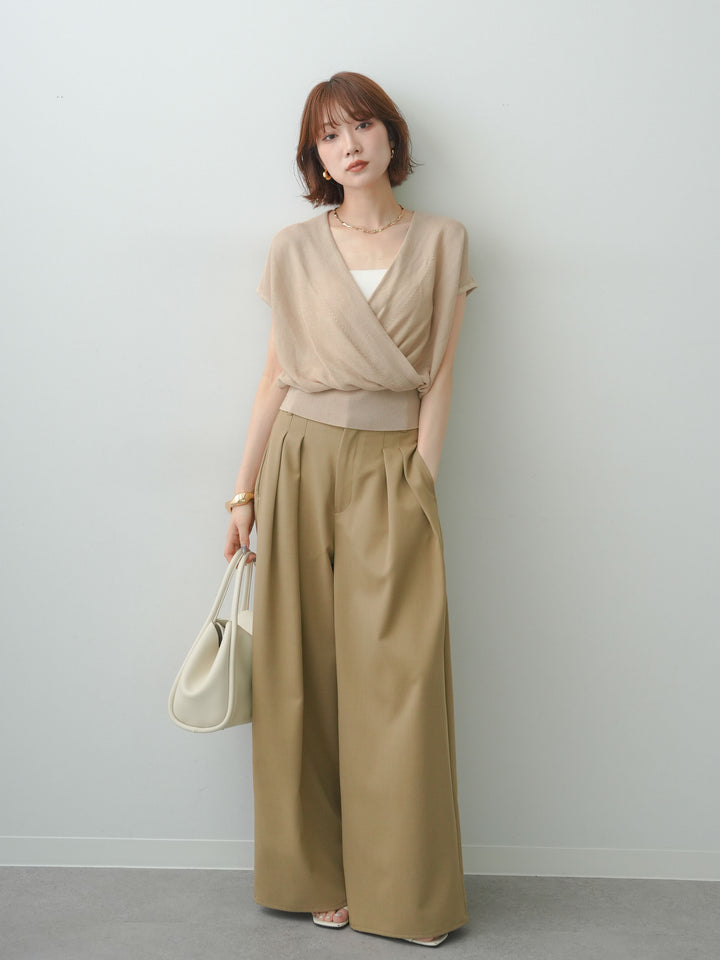 [SET]カシュクールフレンチニットトップス+クレープデシンタックワイドパンツ(2set)