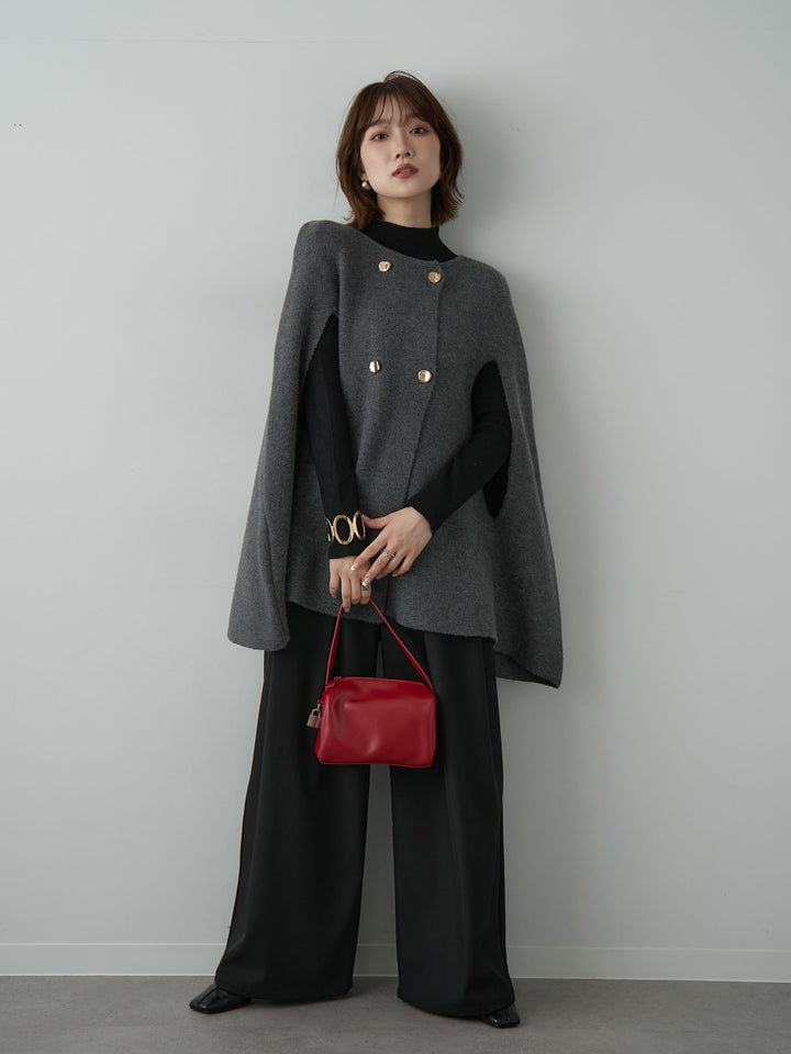 [SET]ゴールドボタンニットケープコート+ベルトループデザインワイドパンツ(2set)
