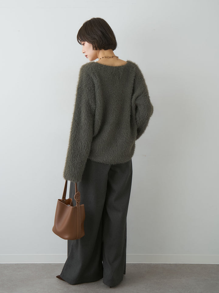 [SET]シャギーVネックニットトップス+ダブルタックドレープストレートワイドパンツ(2set)