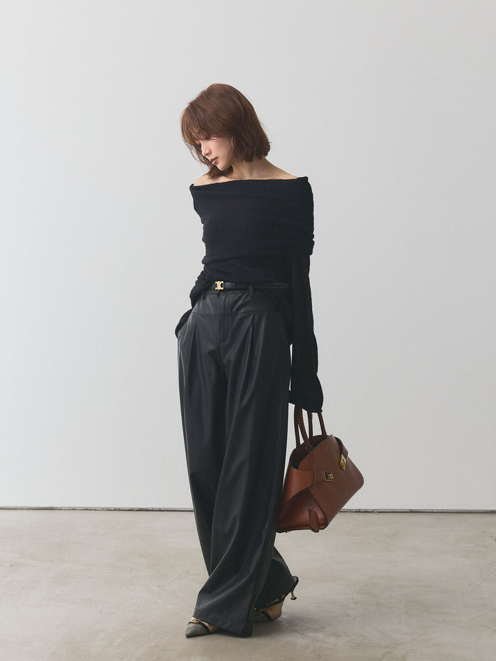 【Allure】[SET]オフショルシアーニットプルオーバー+レザータックセミワイドパンツ(2set)