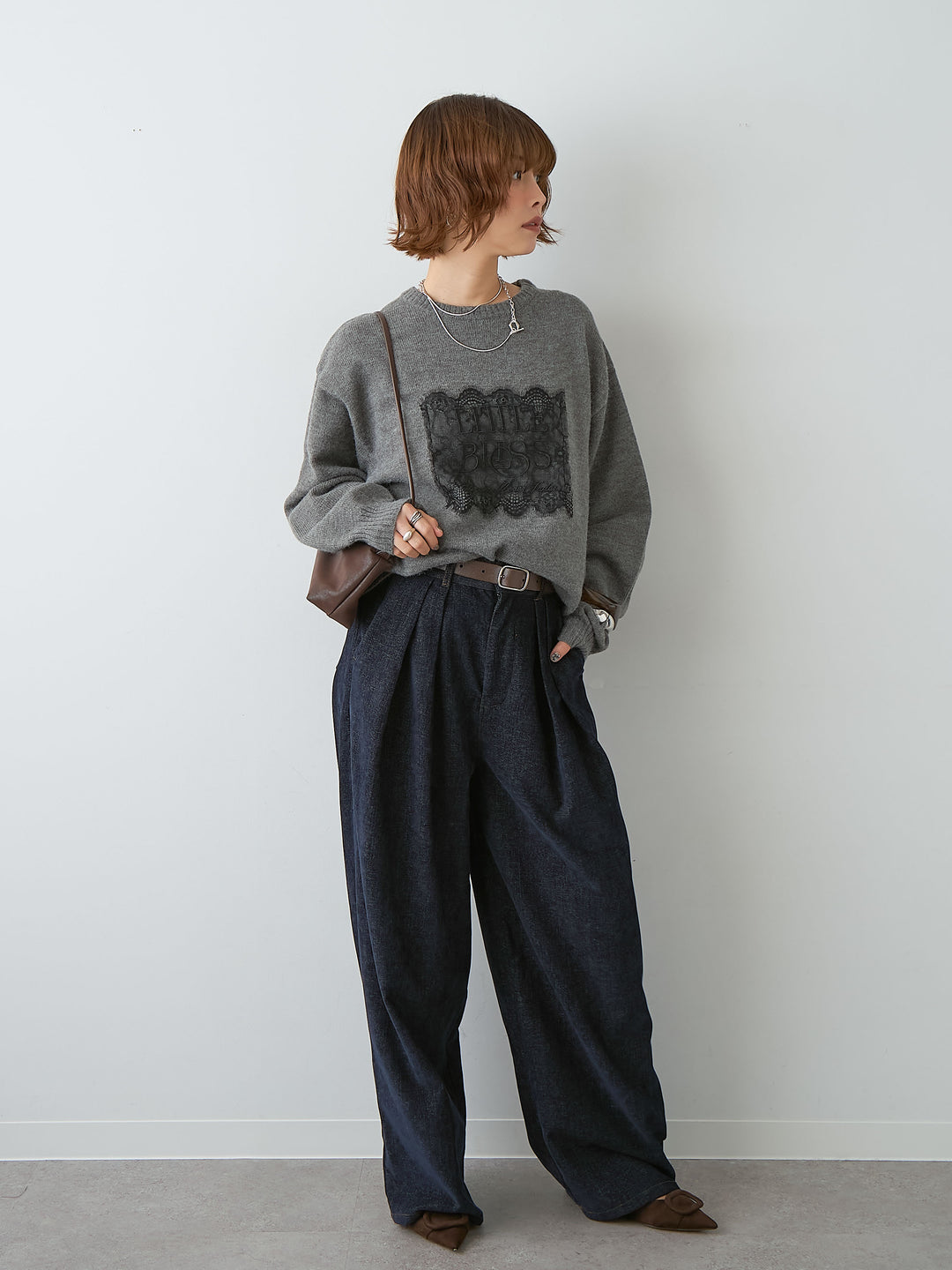 [SET]アルパカタッチ刺繍レースロゴニットプルオーバー+ベロアデニムタックワイドパンツ(2set)