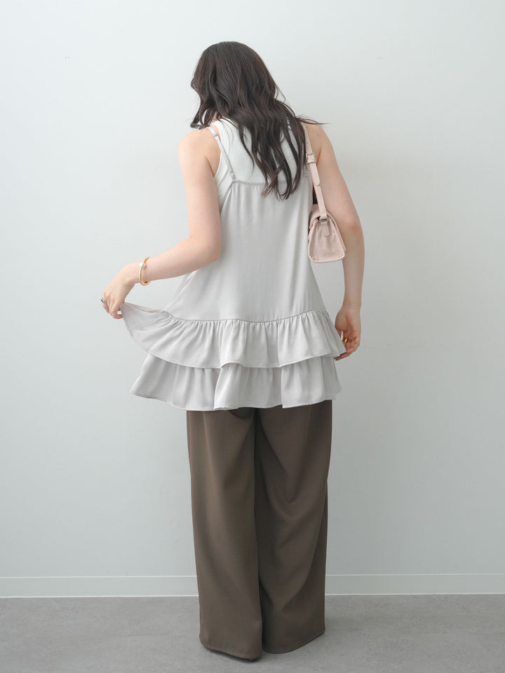 [SET]サテンティアードチュニックキャミソール+カップ付アメスリタンクトップ+クレープデシンタックワイドパンツ(3set)