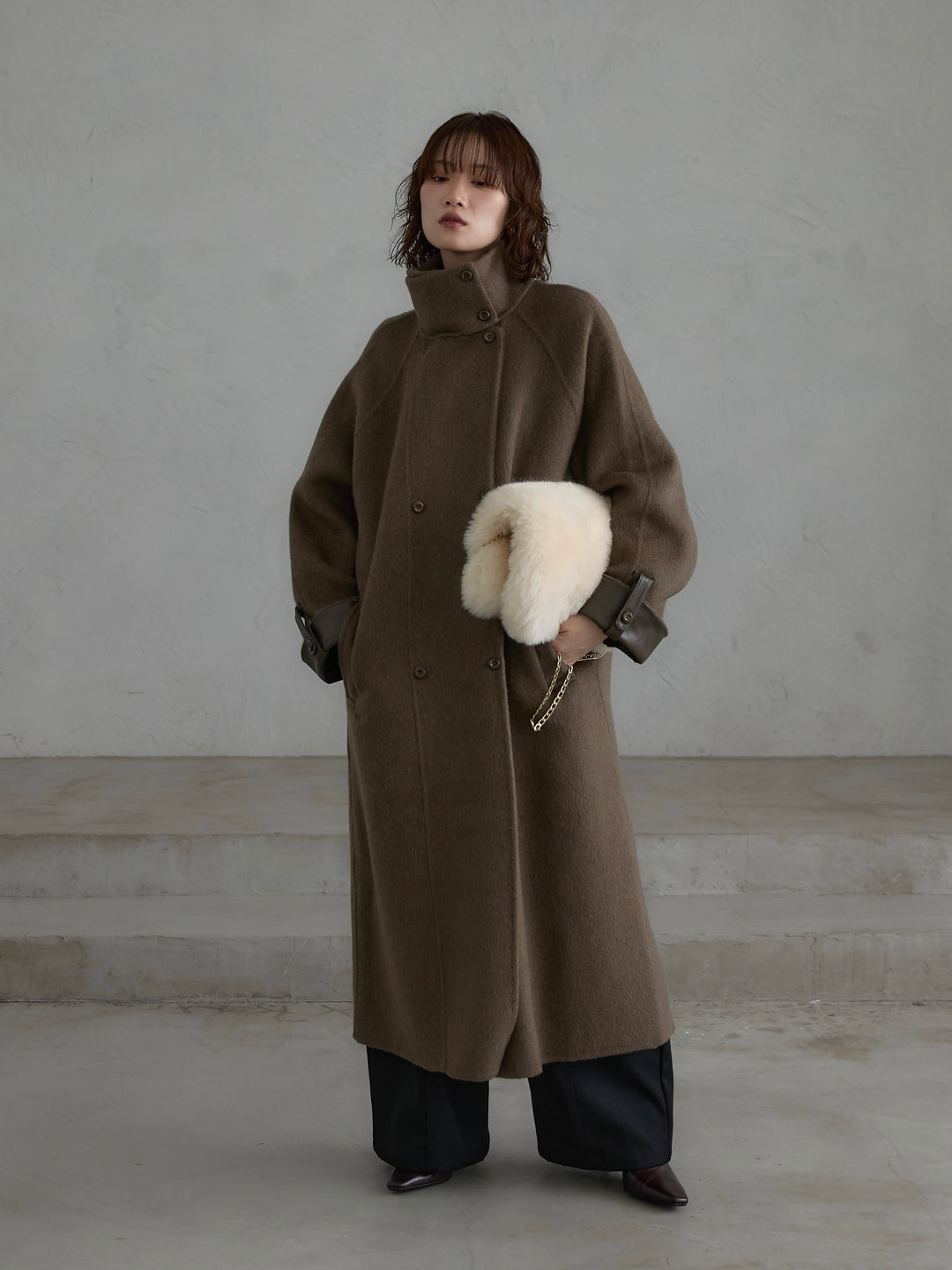 [予約]レザー切替ウールロングコート/khaki