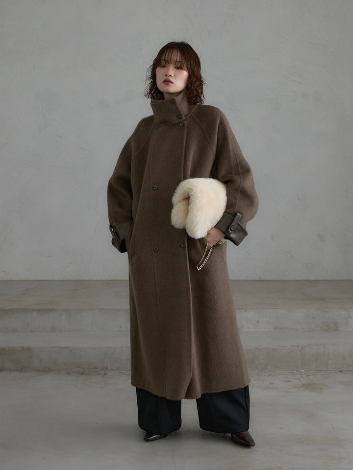 [予約]レザー切替ウールロングコート/khaki
