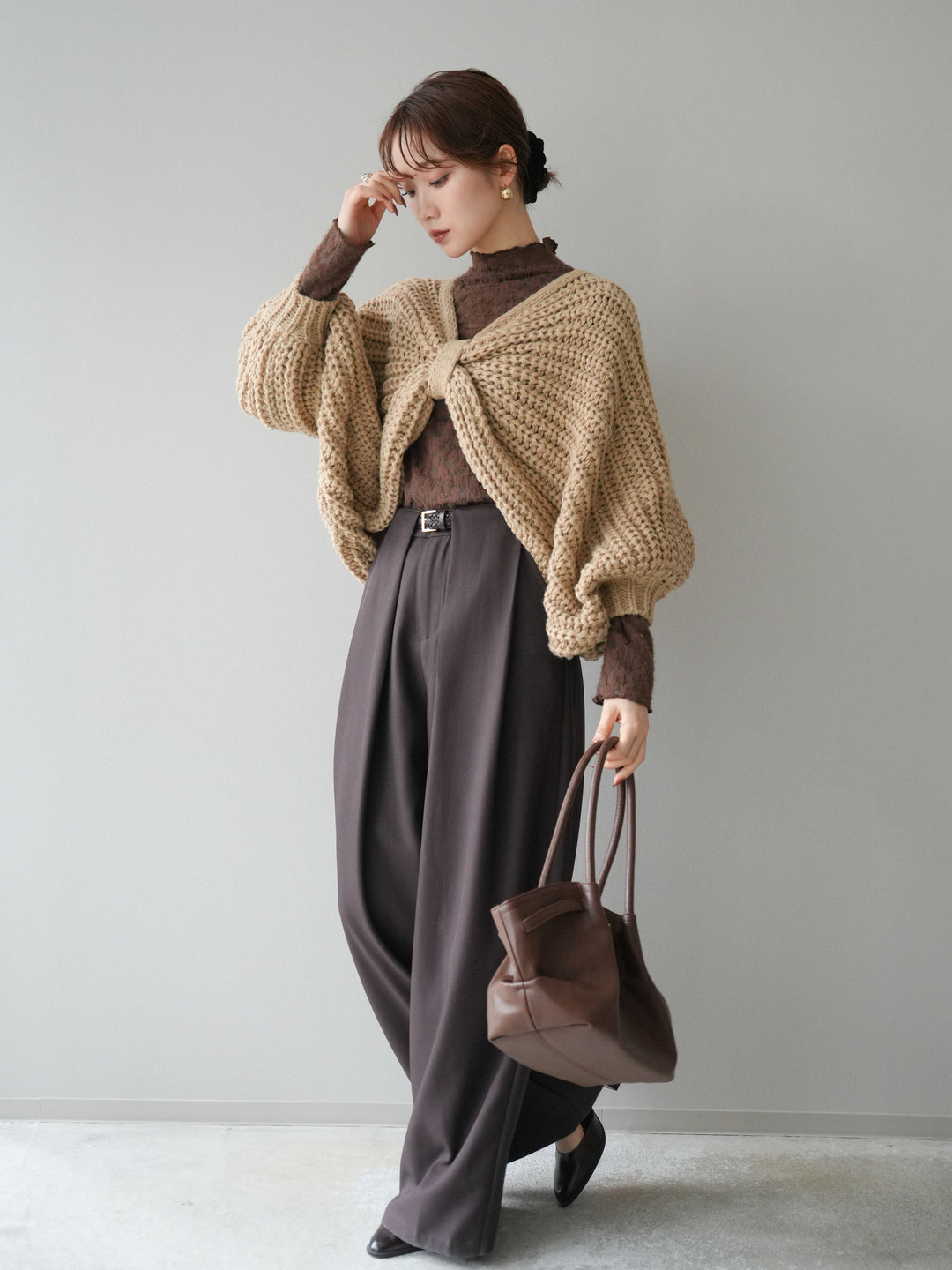 [SET]ローゲージ畦編みドルマンニットボレロ+起毛レースプチネックトップス+ベルトループデザインワイドパンツM(3set)