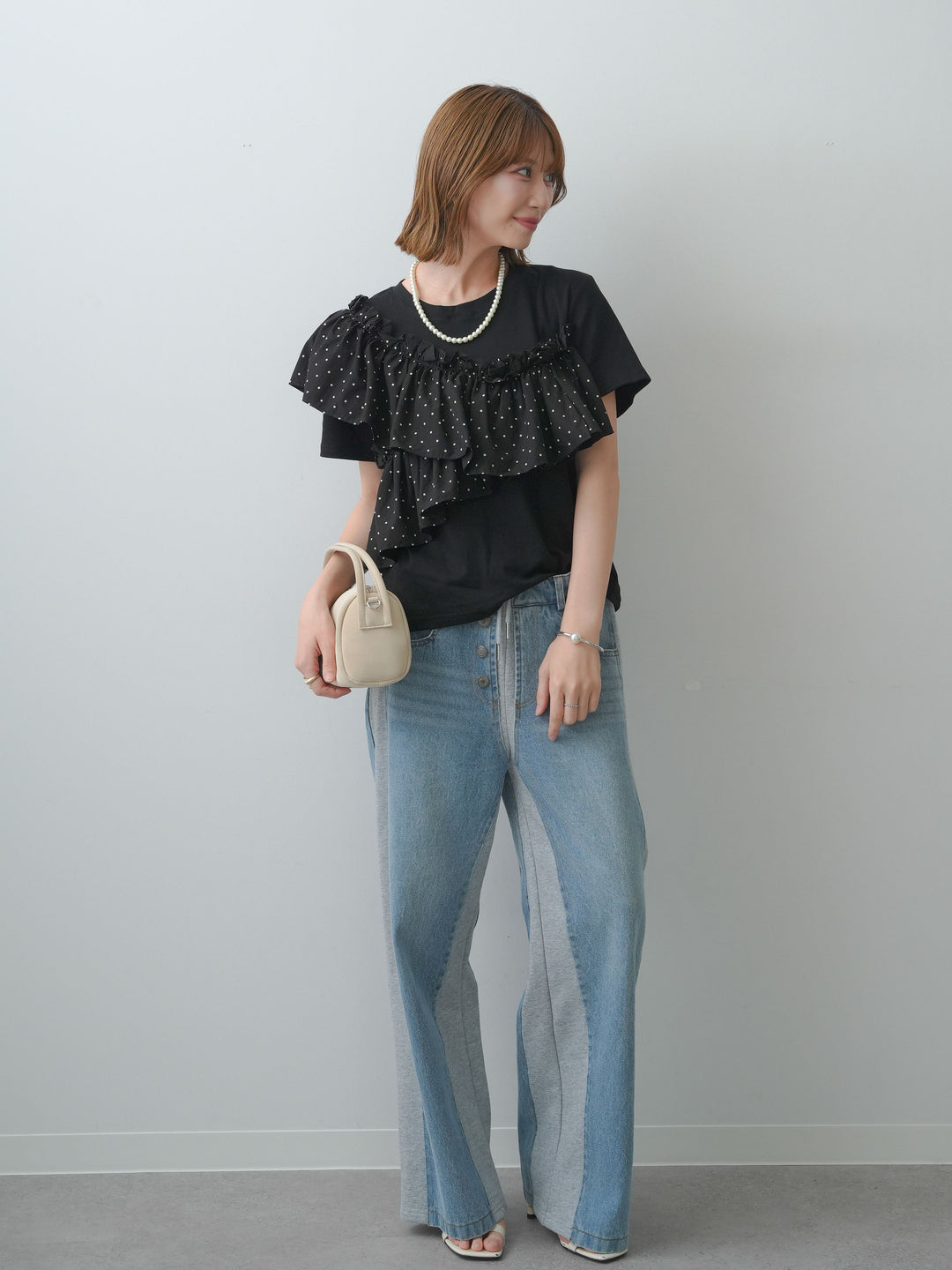 [SET]ドットギャザーフリルデザインTEE+デニム切替スウェットパンツ(2set)