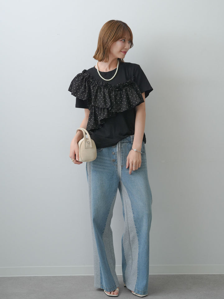 [SET]ドットギャザーフリルデザインTEE+デニム切替スウェットパンツ(2set)