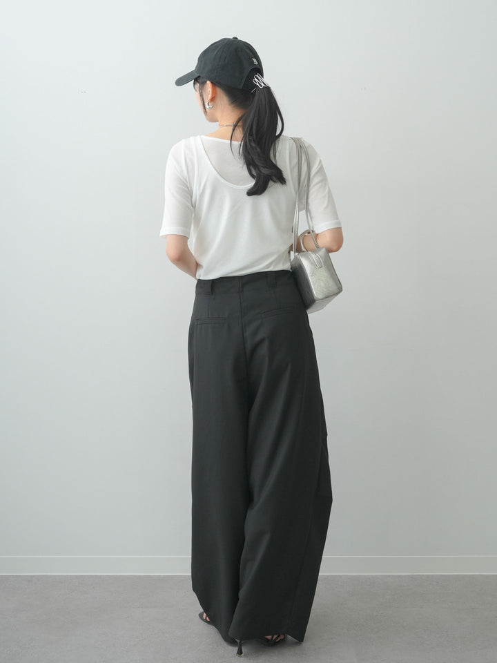 [SET]前後2wayシアーアシメレイヤード風TEE+ベルトループカーブタックワイドパンツ(2set)