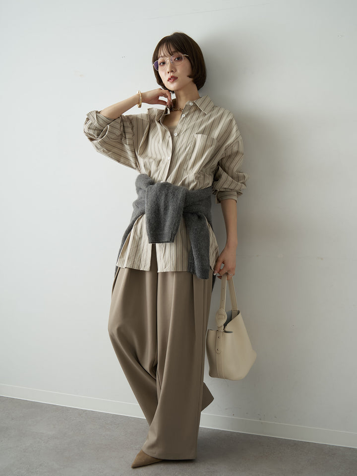 [SET]ストライプオーバーシャツ+ツイルタックワイドパンツ(2set)