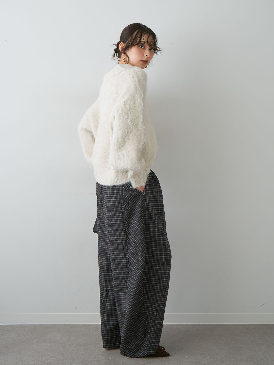 [SET]ヘンリーシャギーニットトップス+チェックタックワイドパンツ(2set)