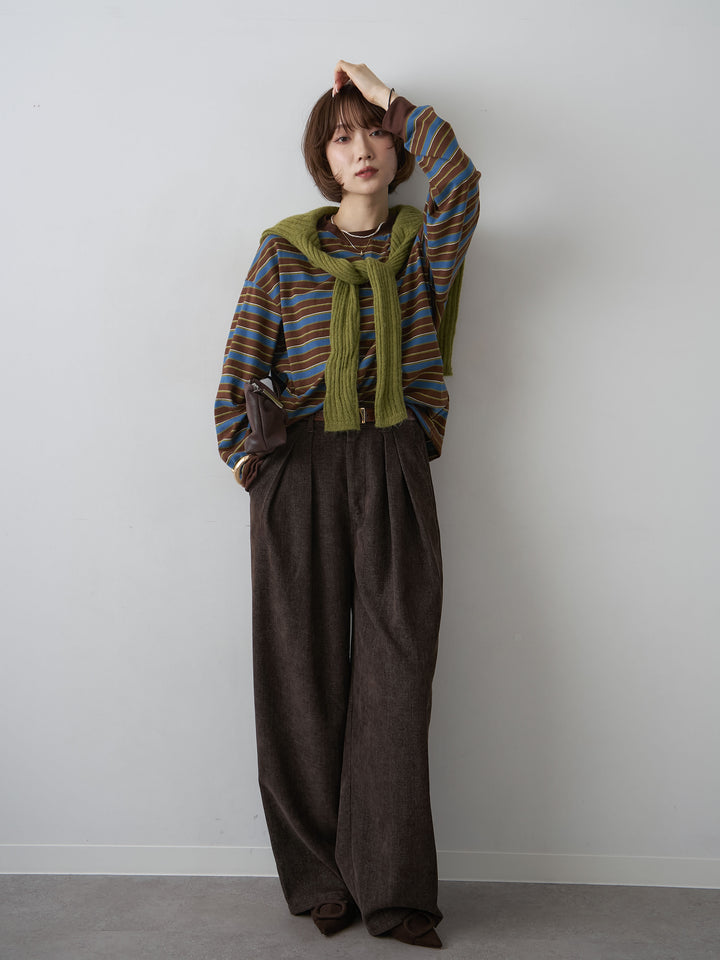 [SET]マルチボーダーロンTEE+ベロアデニムタックワイドパンツ(2set)