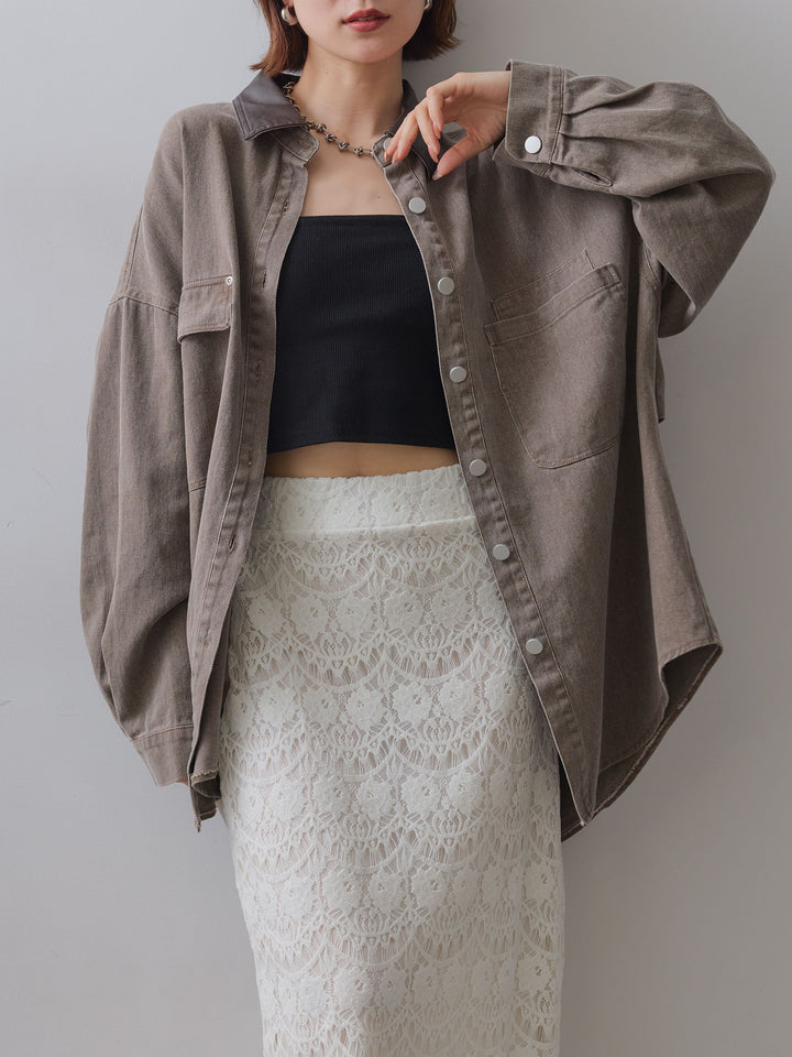 [予約]レザーカラーデザインポケットオーバーシャツ/brown