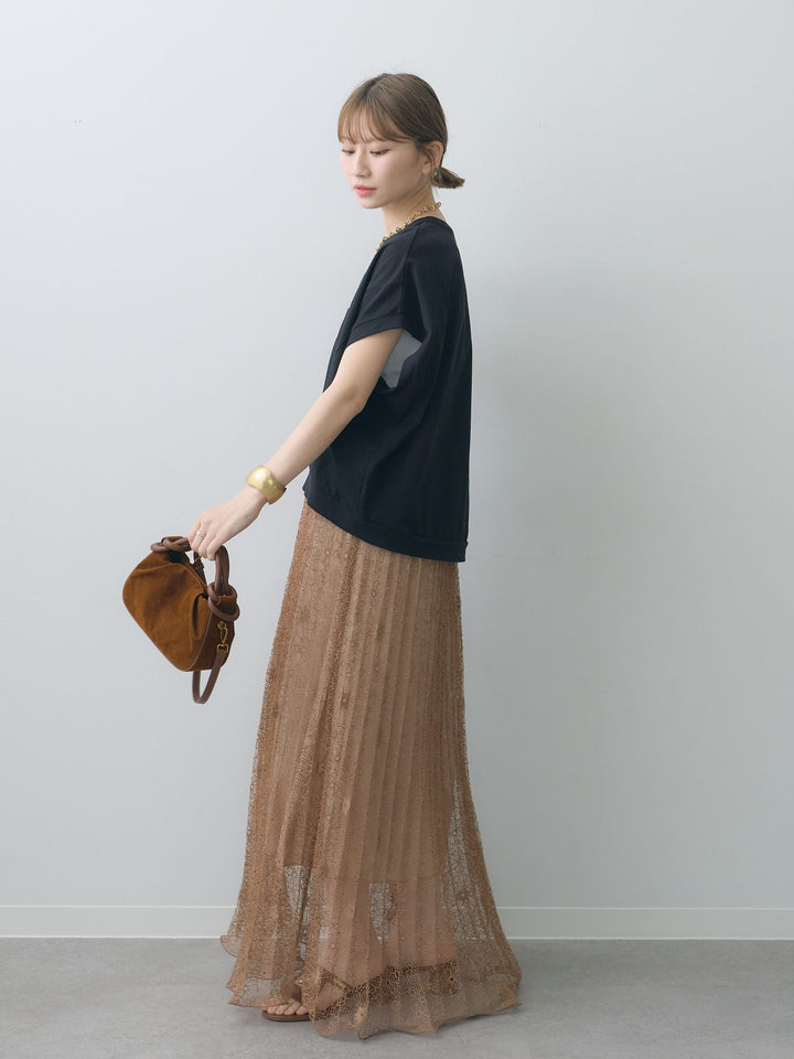 [SET]立体ロゴエンボスTEE +フローラルレースプリーツスカート(2set)