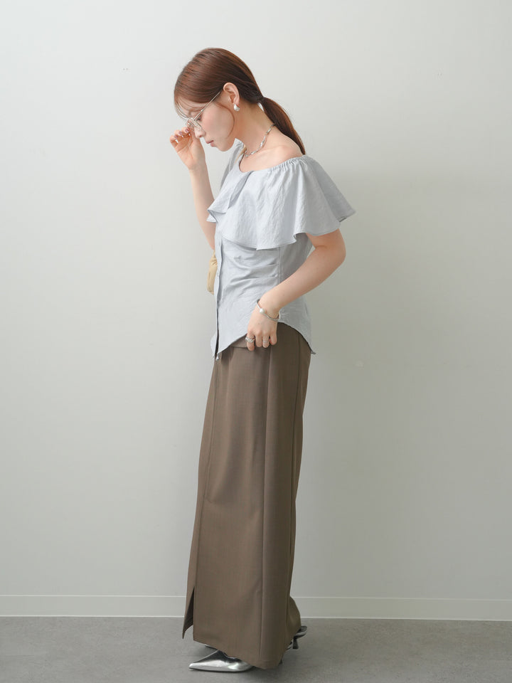 [SET]ラッフルオフショルブラウス+クレープデシンフラップ付きストレートスカート(2set)