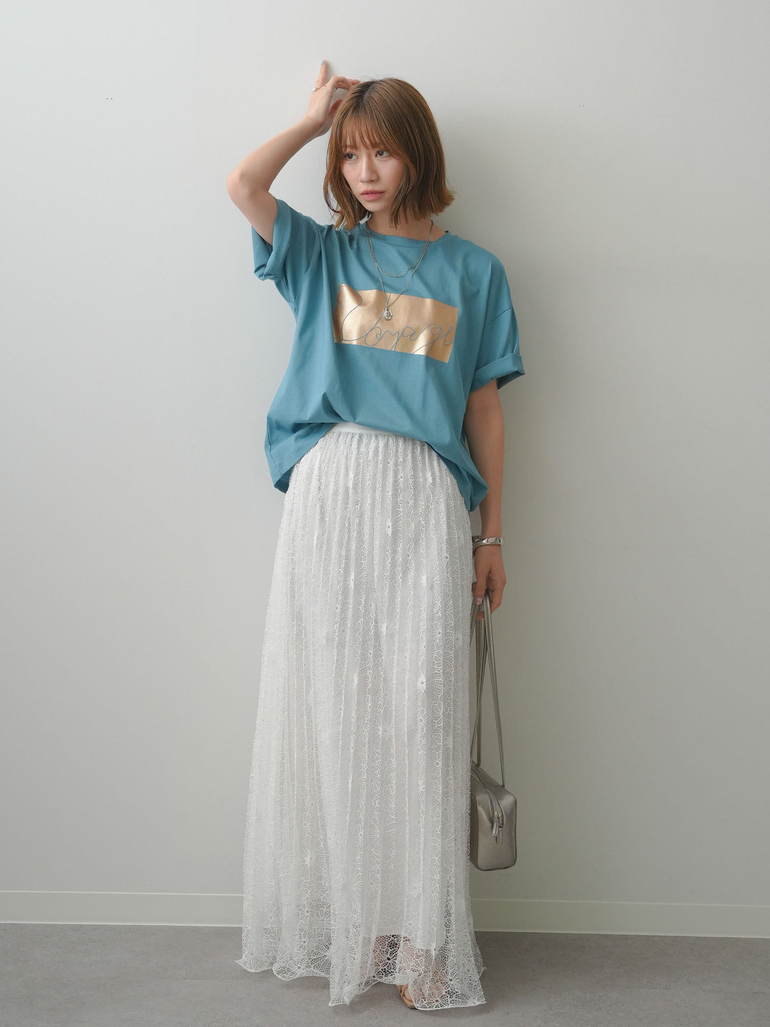 [SET]箔プリントボックスTEE+フローラルレースプリーツスカート(2set)