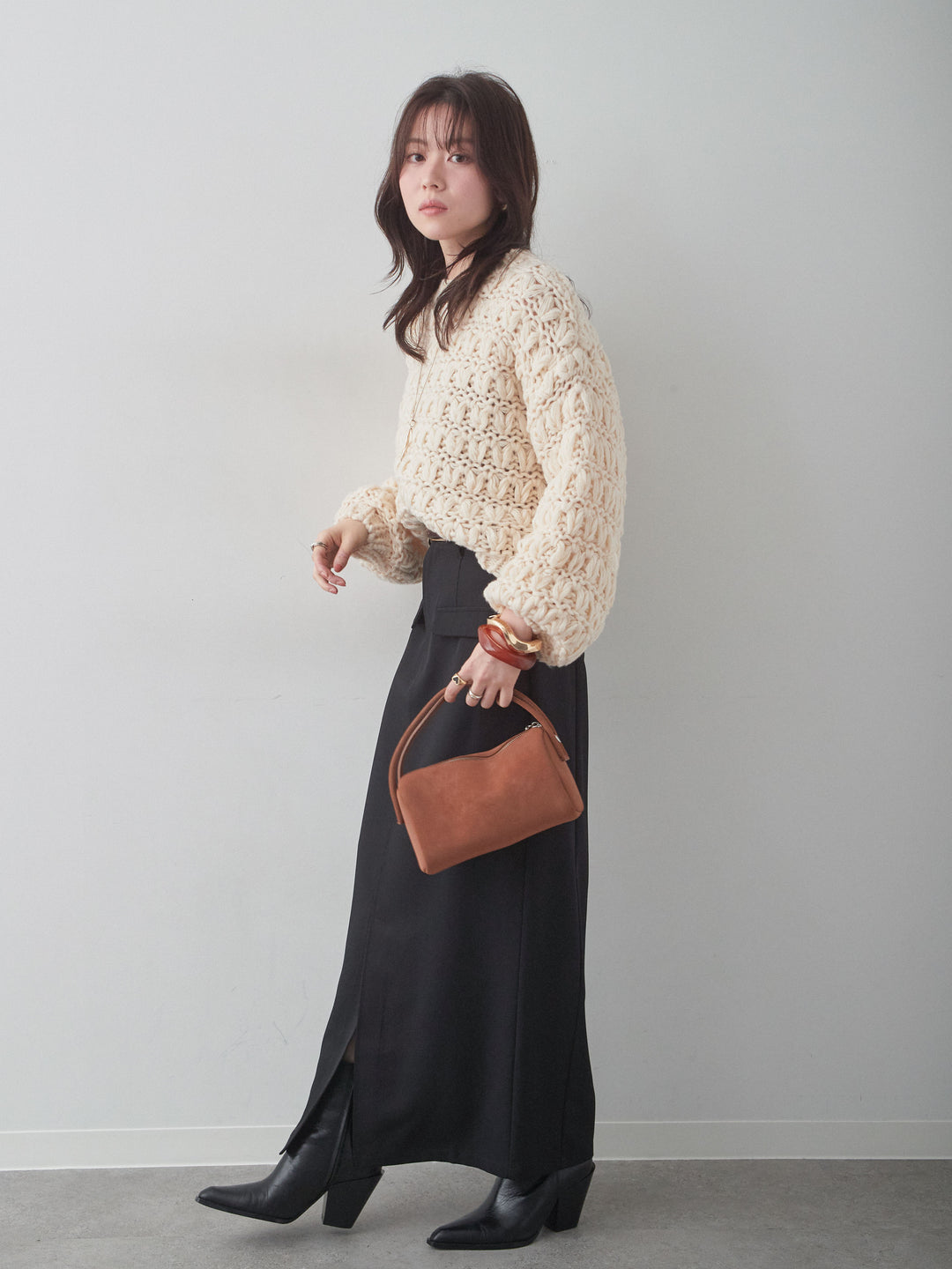 [SET]ループクロップニットトップス+クレープデシンフラップ付きストレートスカート(2set)