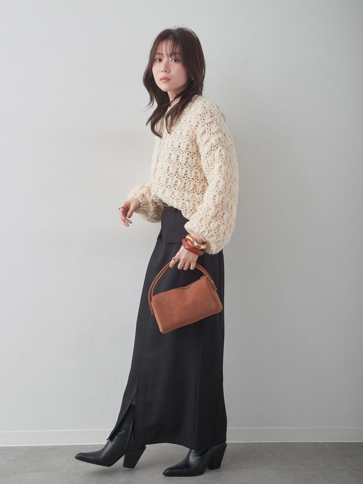 [SET]ループクロップニットトップス+クレープデシンフラップ付きストレートスカート(2set)