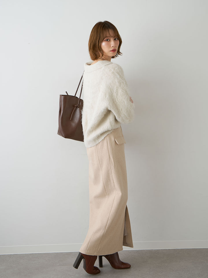 [SET]ヘンリーシャギーニットトップス+メルトンフラップ付ストレートスカート(2set)