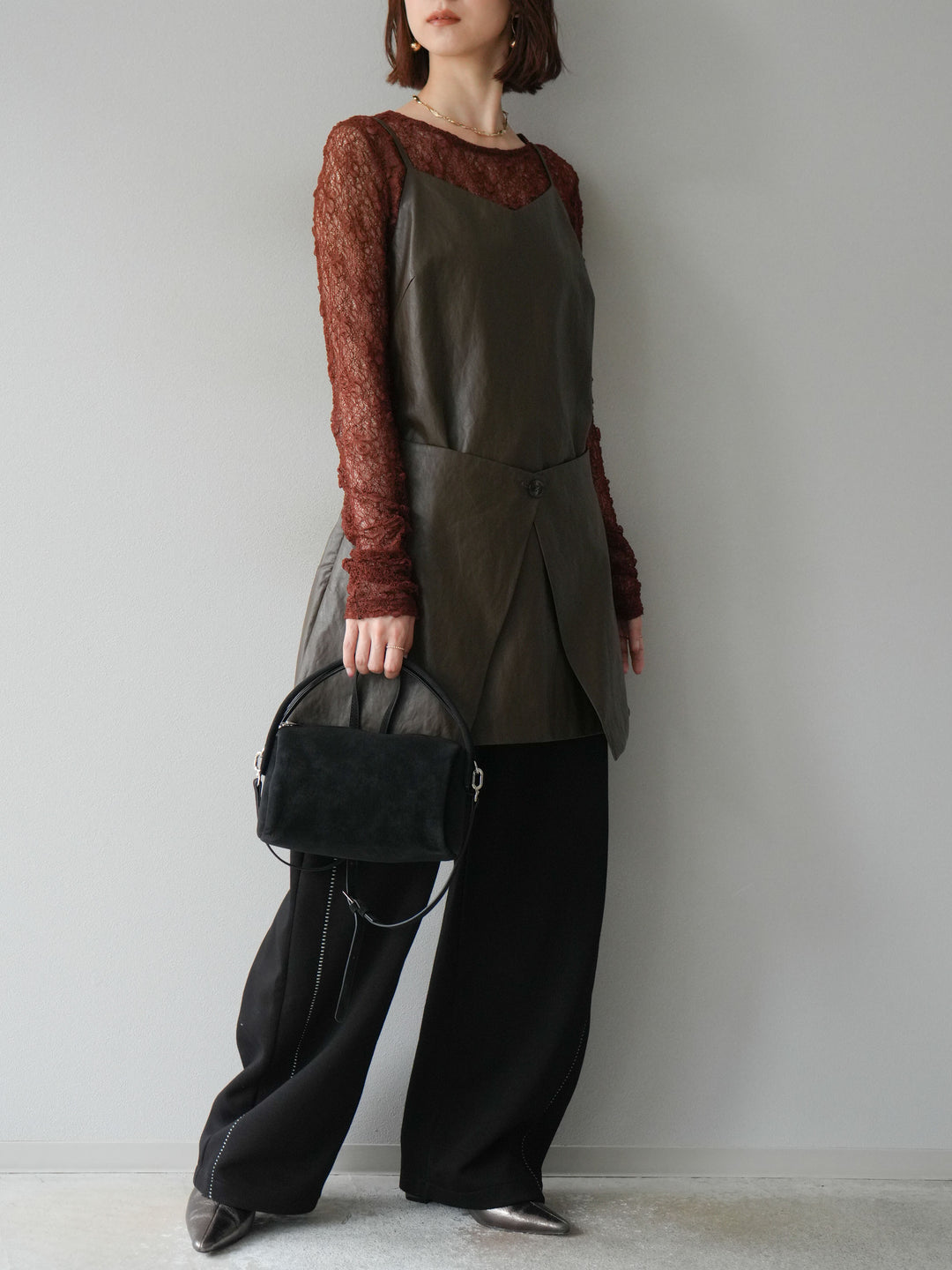 [予約]レイヤードレザーキャミソールチュニック/ブラウン