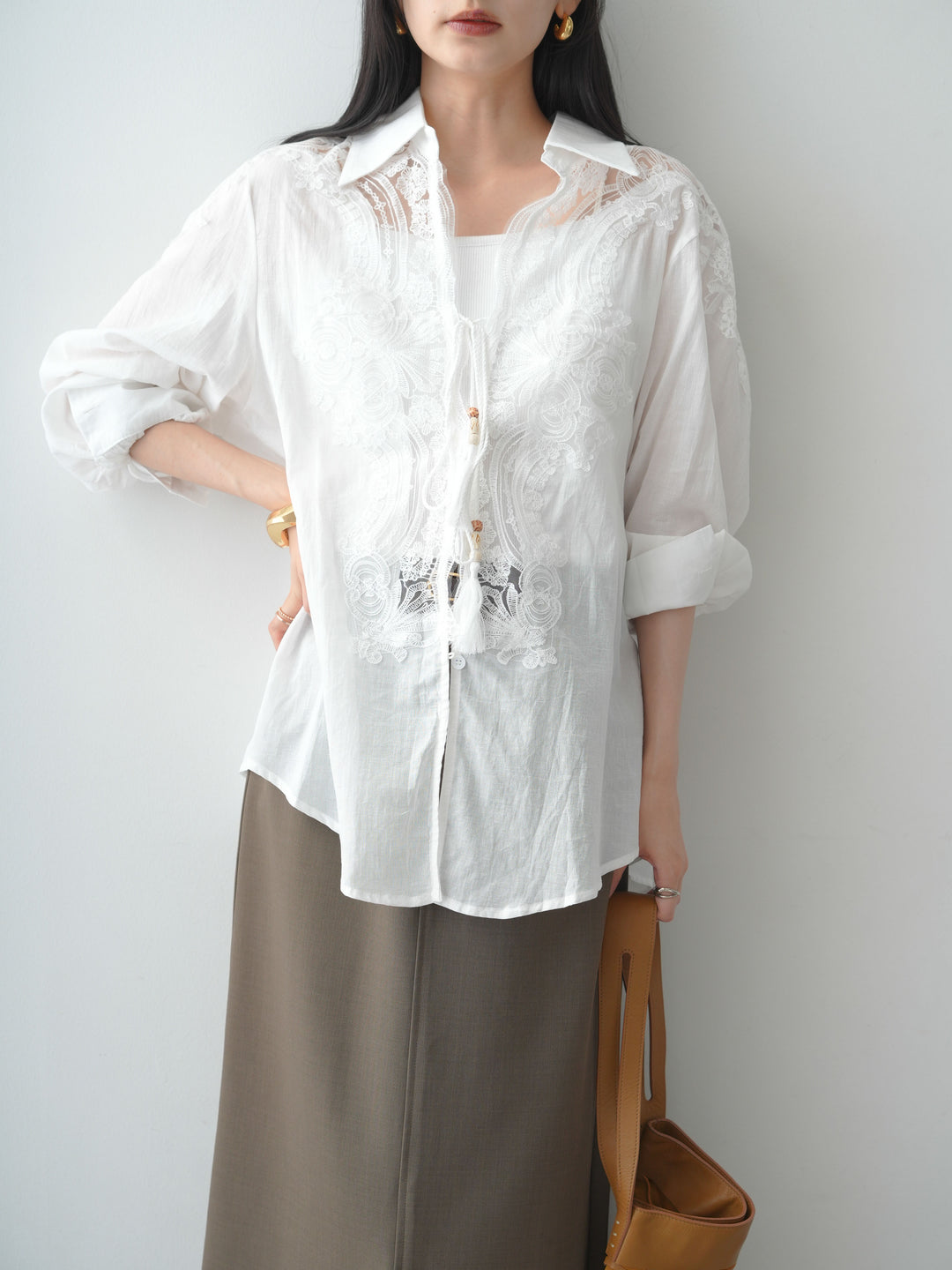 [SET]フロントレースリネンブラウス+クレープデシンフラップ付きストレートスカート(2set)