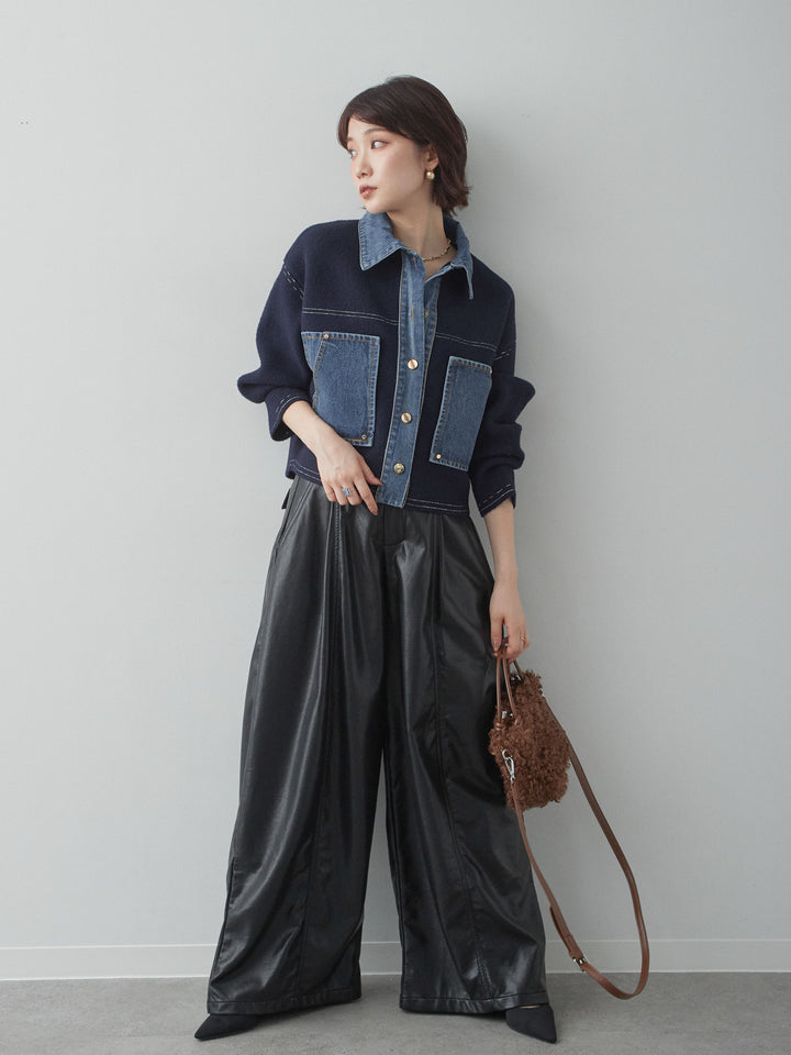 [SET]デニムコンビスムースニットジャケット+フェイクレザーワイドパンツ(2set)