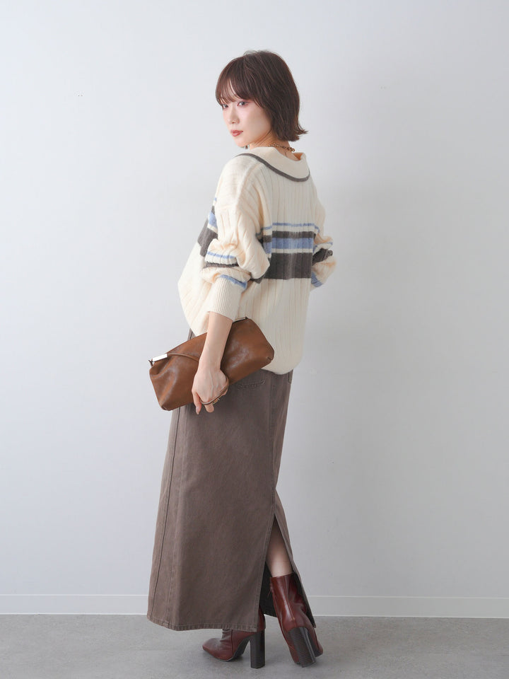 [SET]マルチボーダー起毛スキッパーニットトップス+デニム切替Iラインスカート(2set)