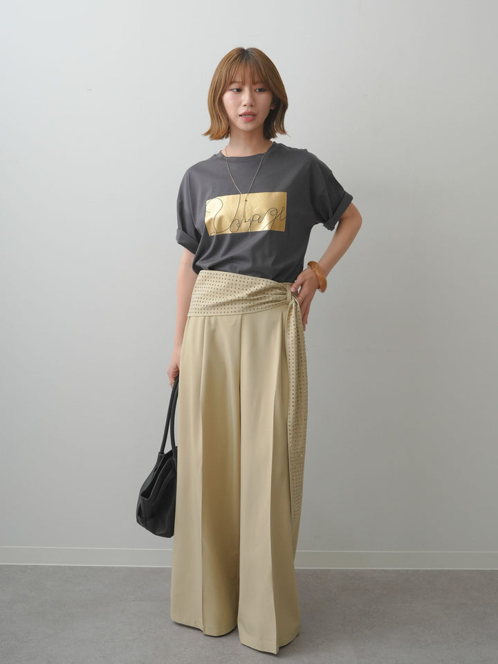[SET]箔プリントボックスTEE+ビジューベルトタックワイドパンツ(2set)