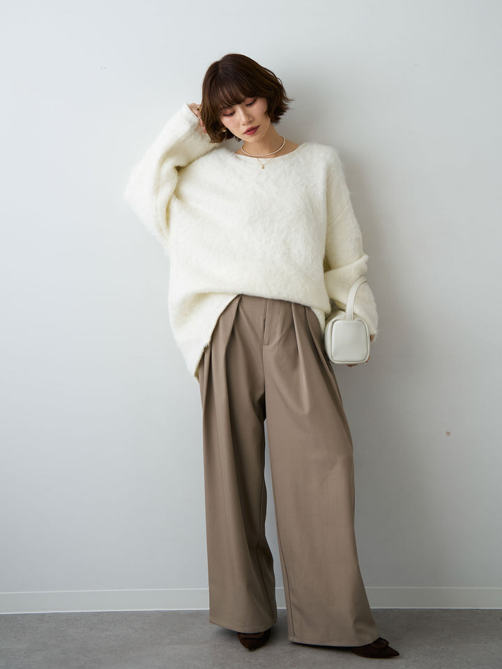 [SET]ボートネックシャギーオーバーニットトップス+ツイルタックワイドパンツ(2set)