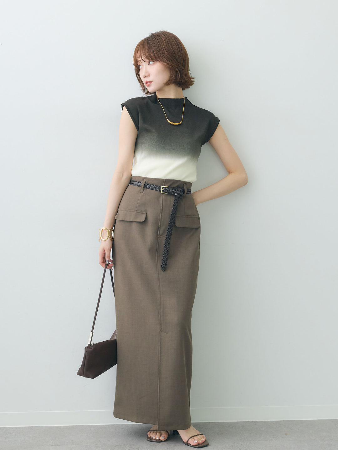 [SET]グラデーションフレンチリブニットトップス+クレープデシンフラップ付きストレートスカート(2set)