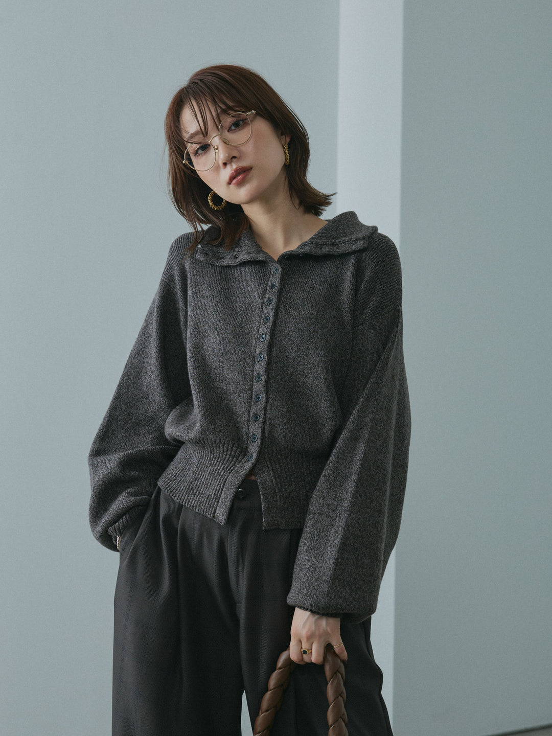 【Allure】[SET]ミックスハイネックカーディガン+ミックスハイネックカーディガン(2set)