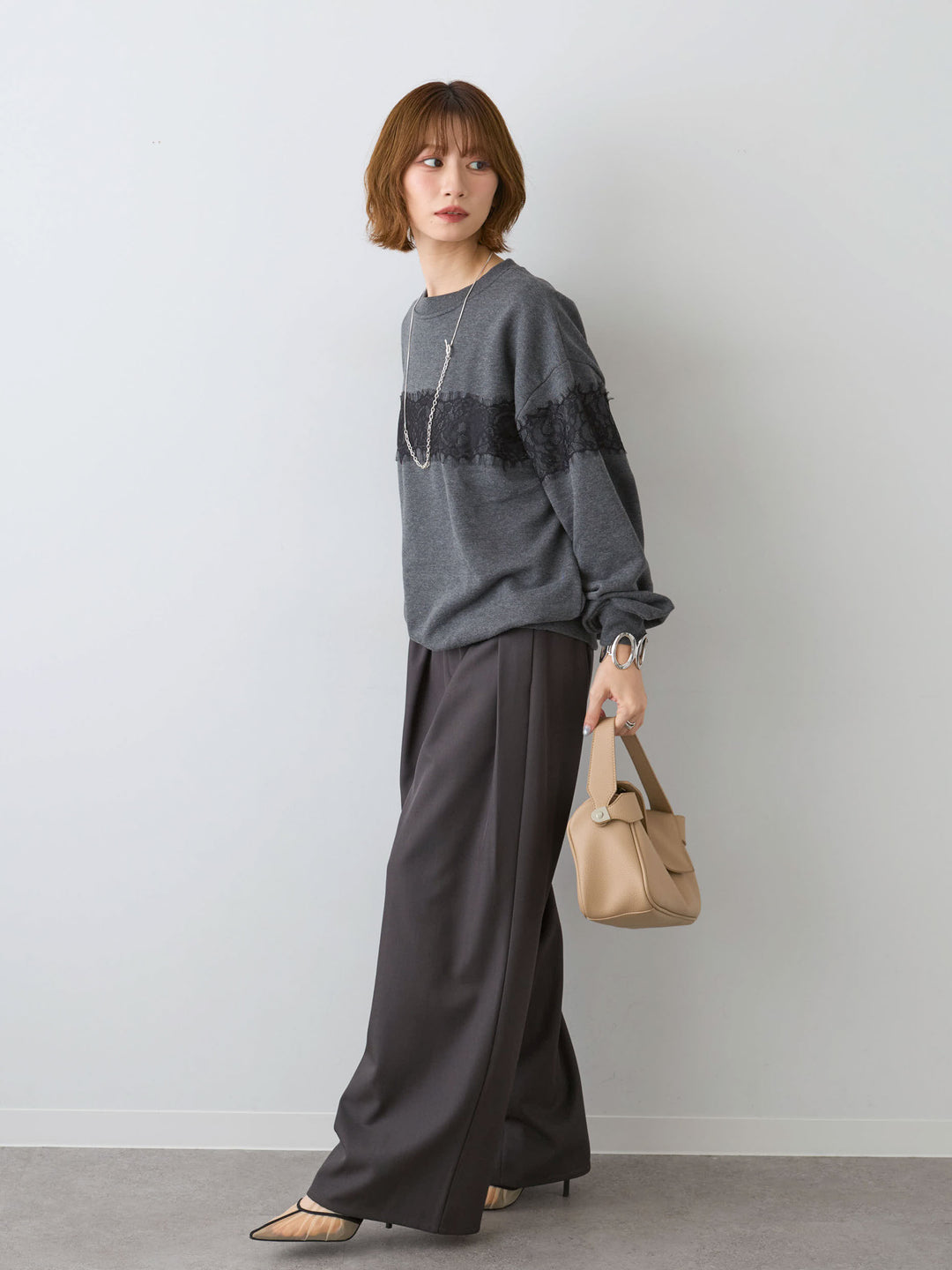 [SET]裏毛レースドッキングプルオーバー+ツイルタックワイドパンツ(2set)