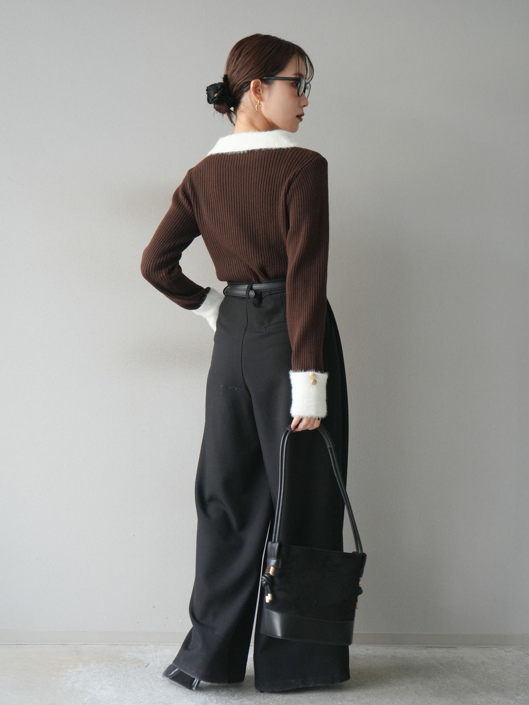 [SET]シャギー襟リブニットトップス+ベルトループデザインワイドパンツ(2set)